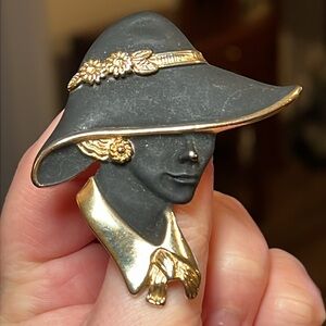 Vintage Torino Brooch Matte Black Profile Lady's Face Gold Tone Accents Flowers